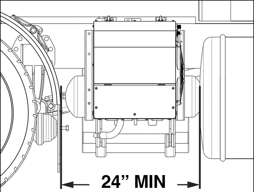 Installation diagram showing the 24 inch minimum clear frame rail required to mount a Green APU